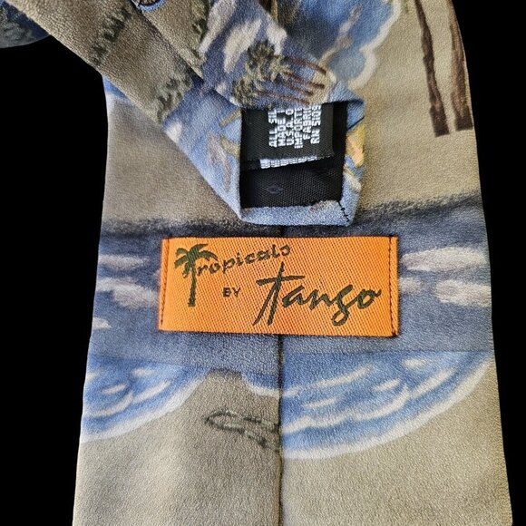 Tango Tropicals Silk Tie Tan Blue 4 in x 29 in Made in USA Vintage Y2K - Picture 2 of 6